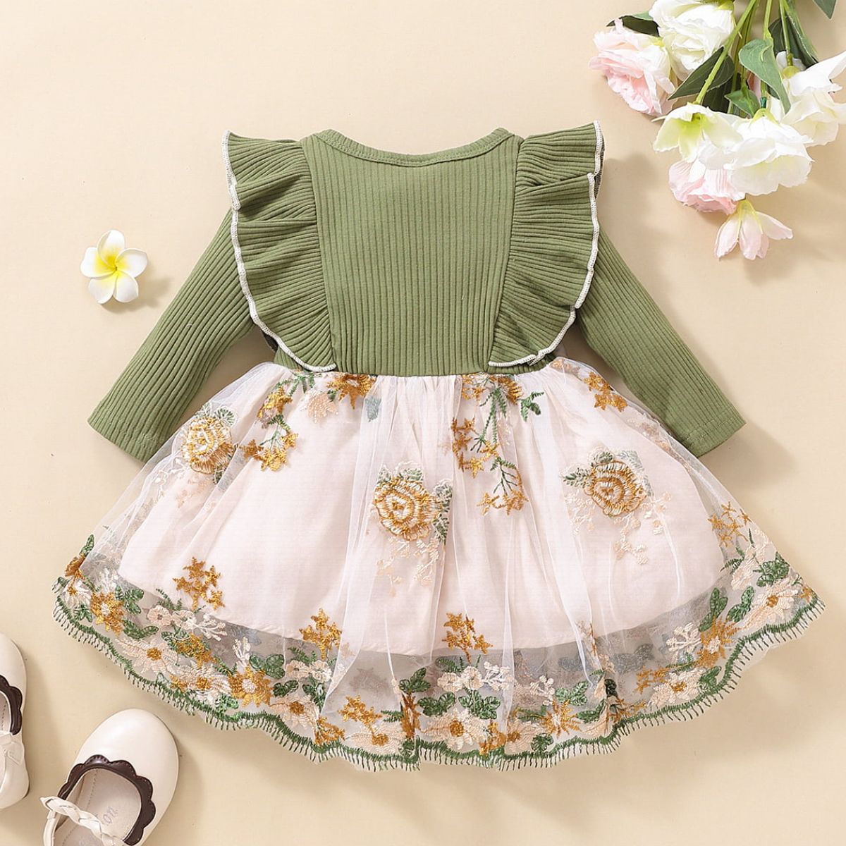 Girls Floral Bow Detail Ruffle Shoulder Tulle Dress - T - 5 SIZES - 1 COLOR -