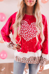 Thumbnail for Heart Leopard Round Neck Sweatshirt - T - 1 COLOR -