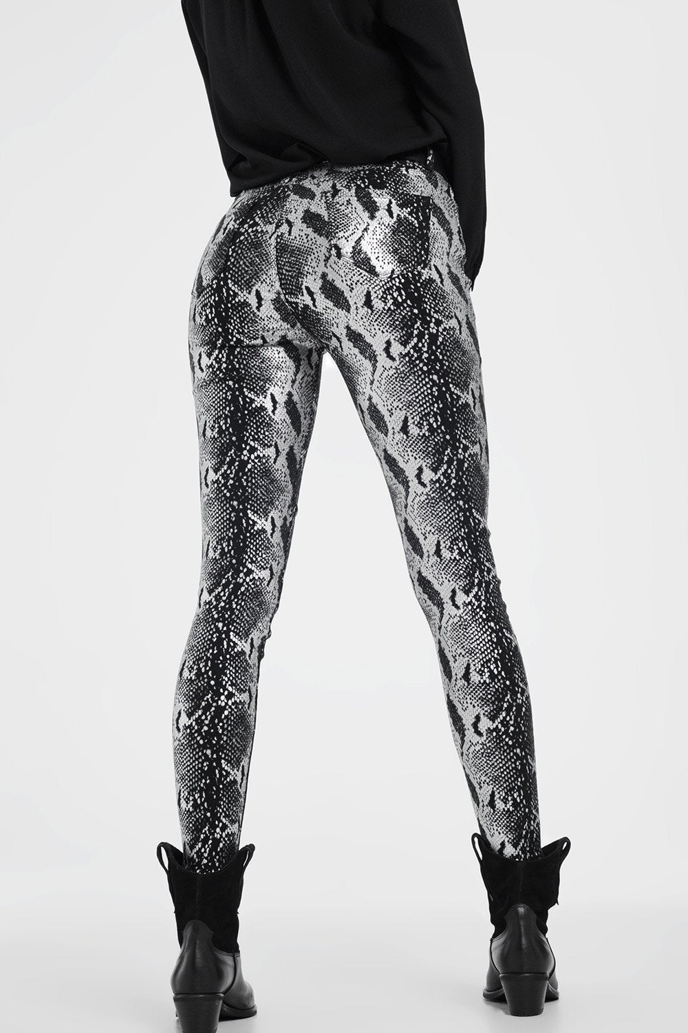 Q2 - Black Skinny Shiny Printed Pants - 1 COLOR