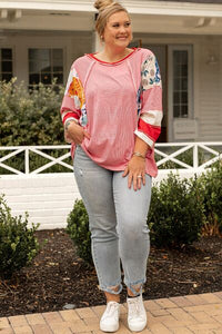 Thumbnail for Plus Size Exposed Seam Printed Striped Round Neck Sweatshirt - PLUS SIZES 1X,2X,3X - 1 COLOR -