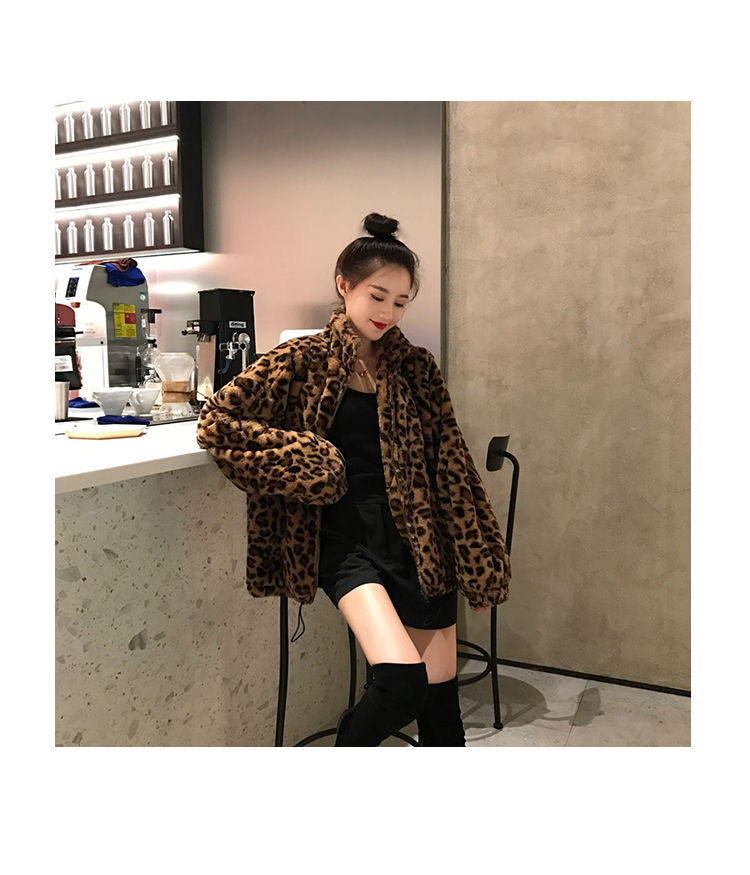 Sharon Tatem - Winter Leopard Print - Stand Collar - Warm Parka - Loose Faux Fur -