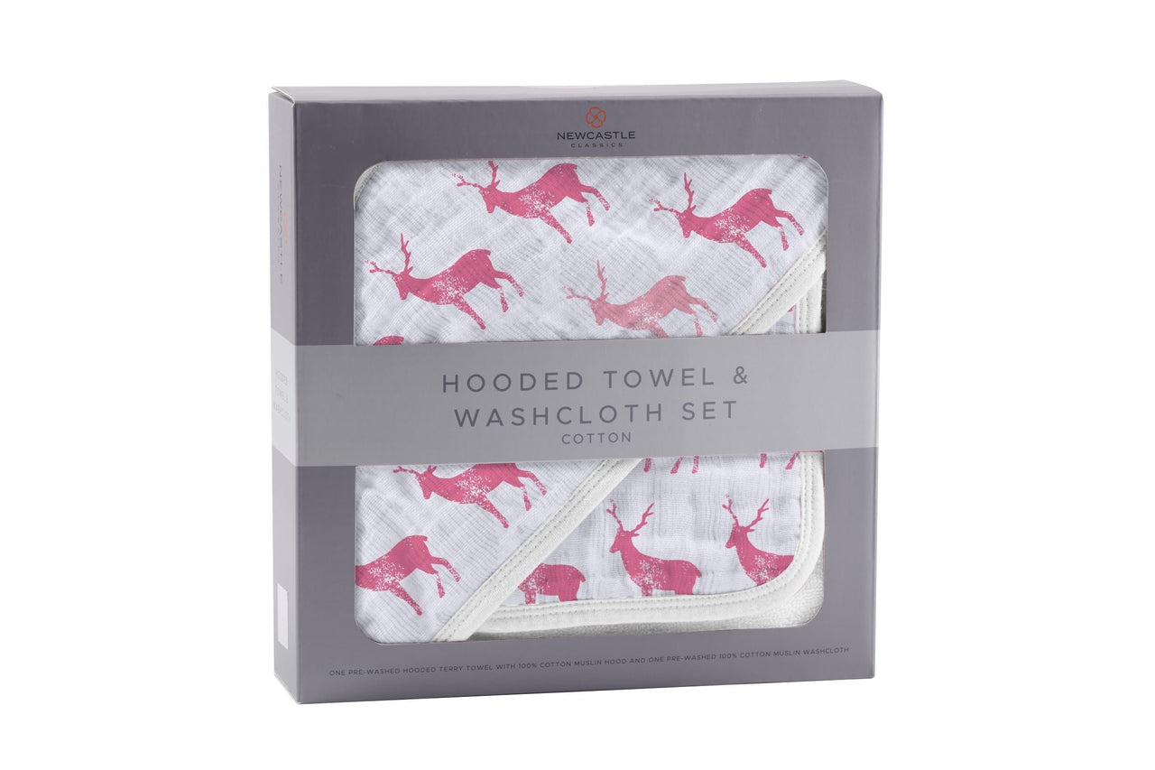 Newcastle - Pink Deer Cotton Hooded Towel and Washcloth Set -