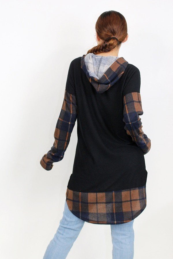 Stylespect - Hooded Plaid Color Block Top - Mocha -  1 COLOR -