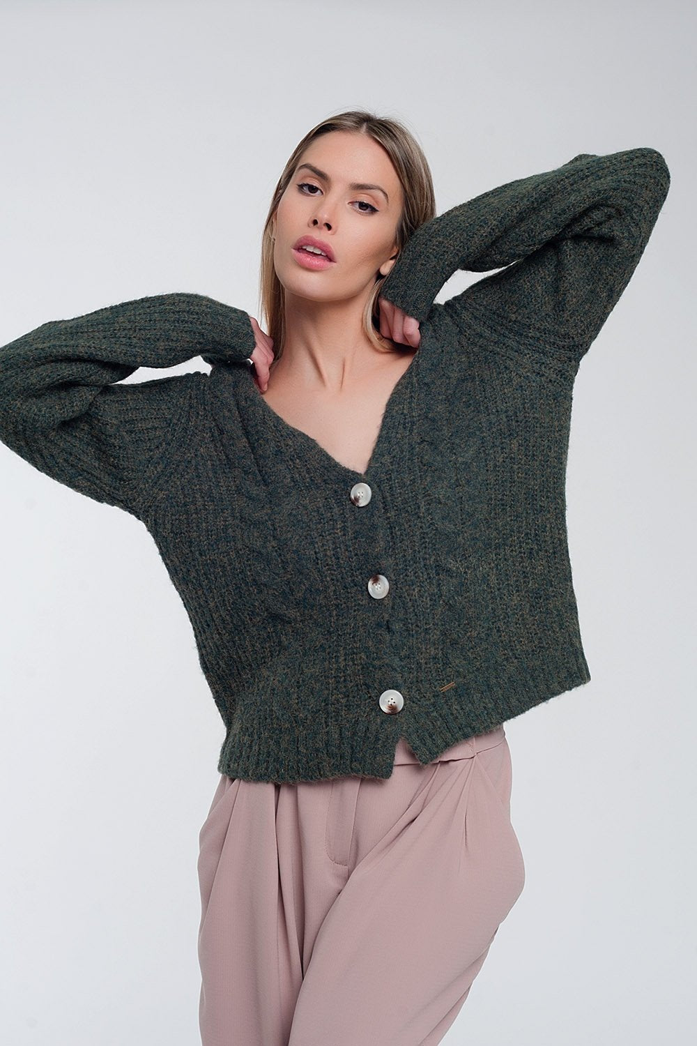 Q2 - Chunky Knit Cardigan in Khaki - 2 SIZES -