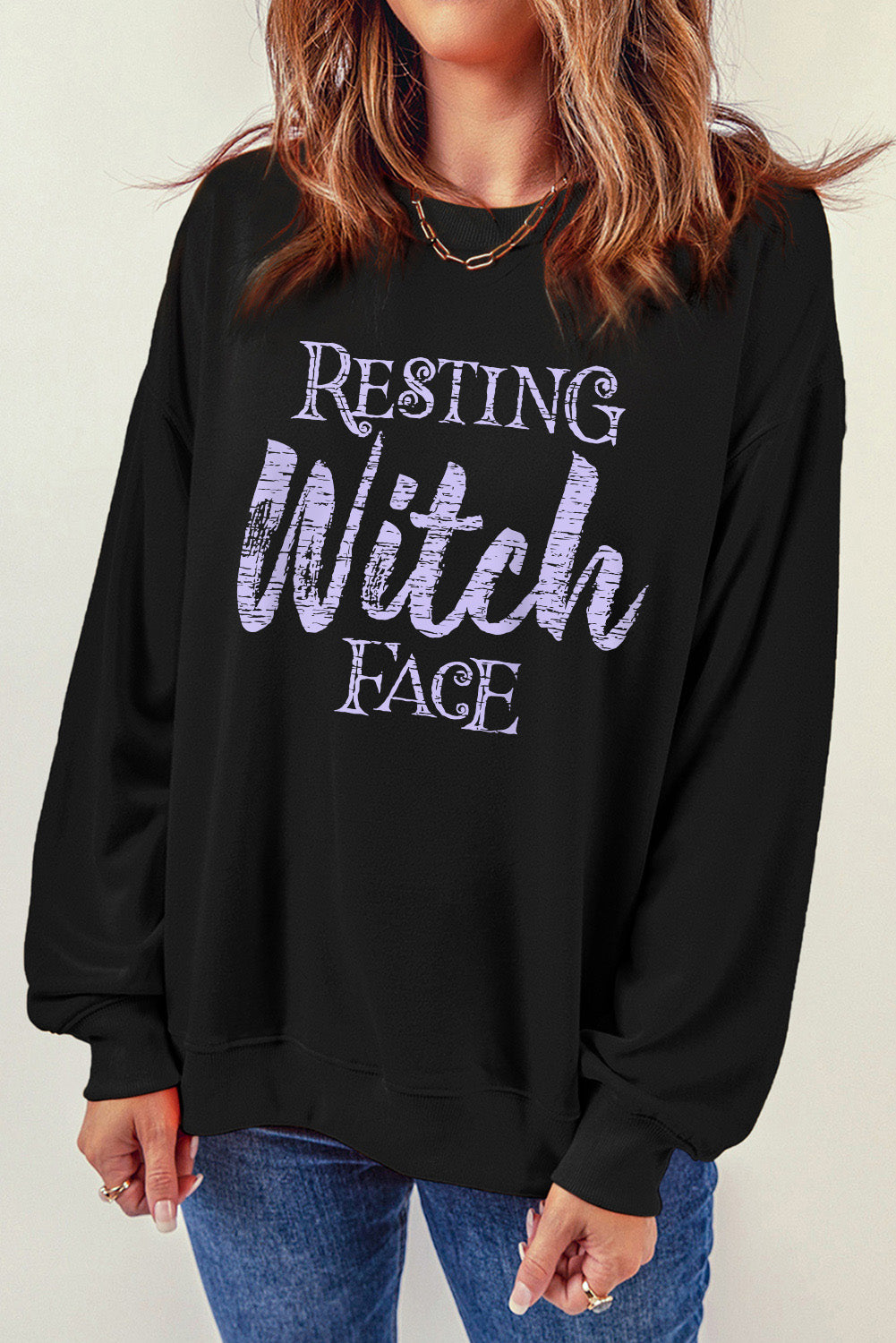 Round Neck Long Sleeve RESTING WITCH FACE Graphic Sweatshirt - T - 1 COLOR -