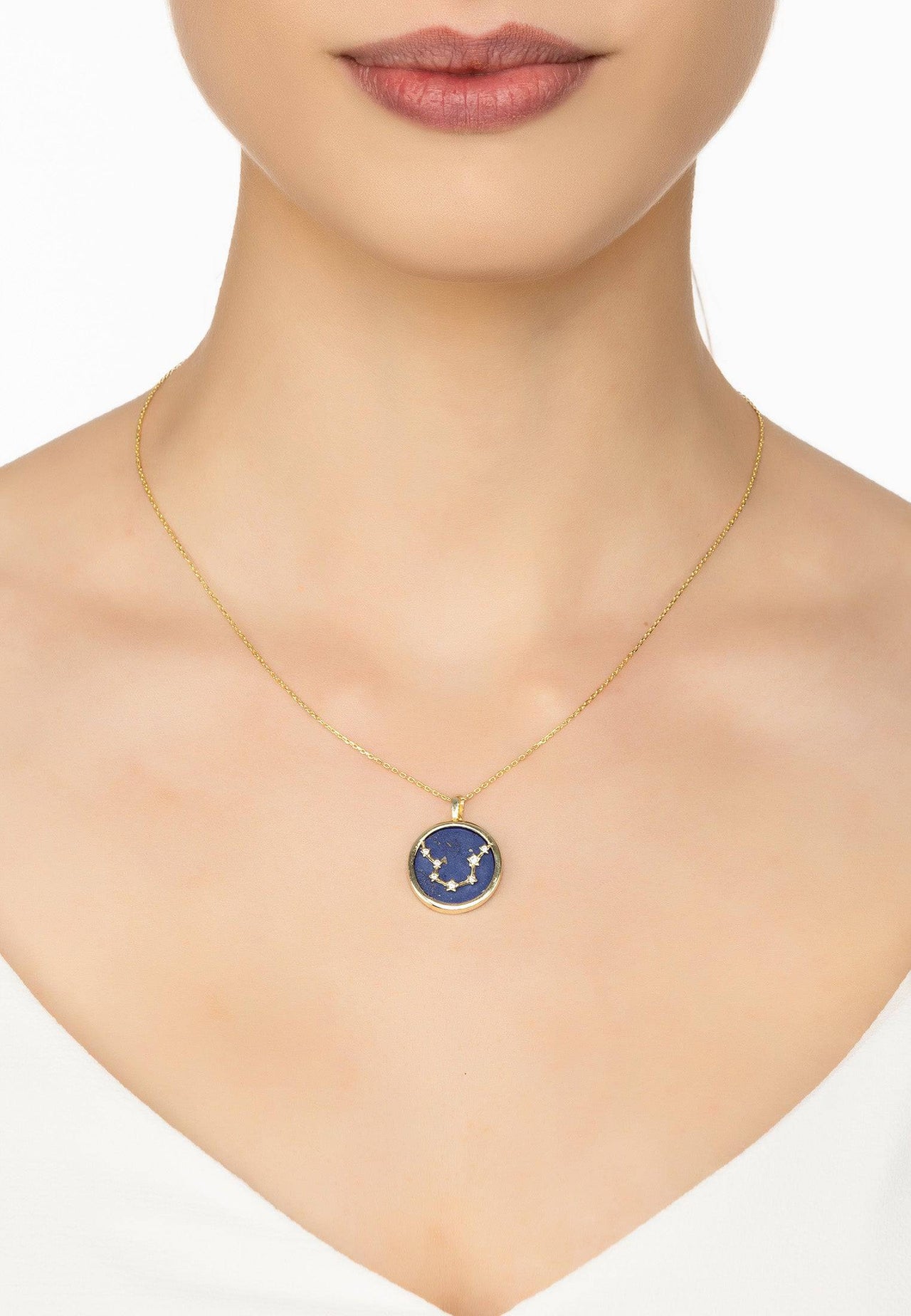 Zodiac Lapis Lazuli Gemstone Star Constellation Pendant Necklace Gold Aquarius -