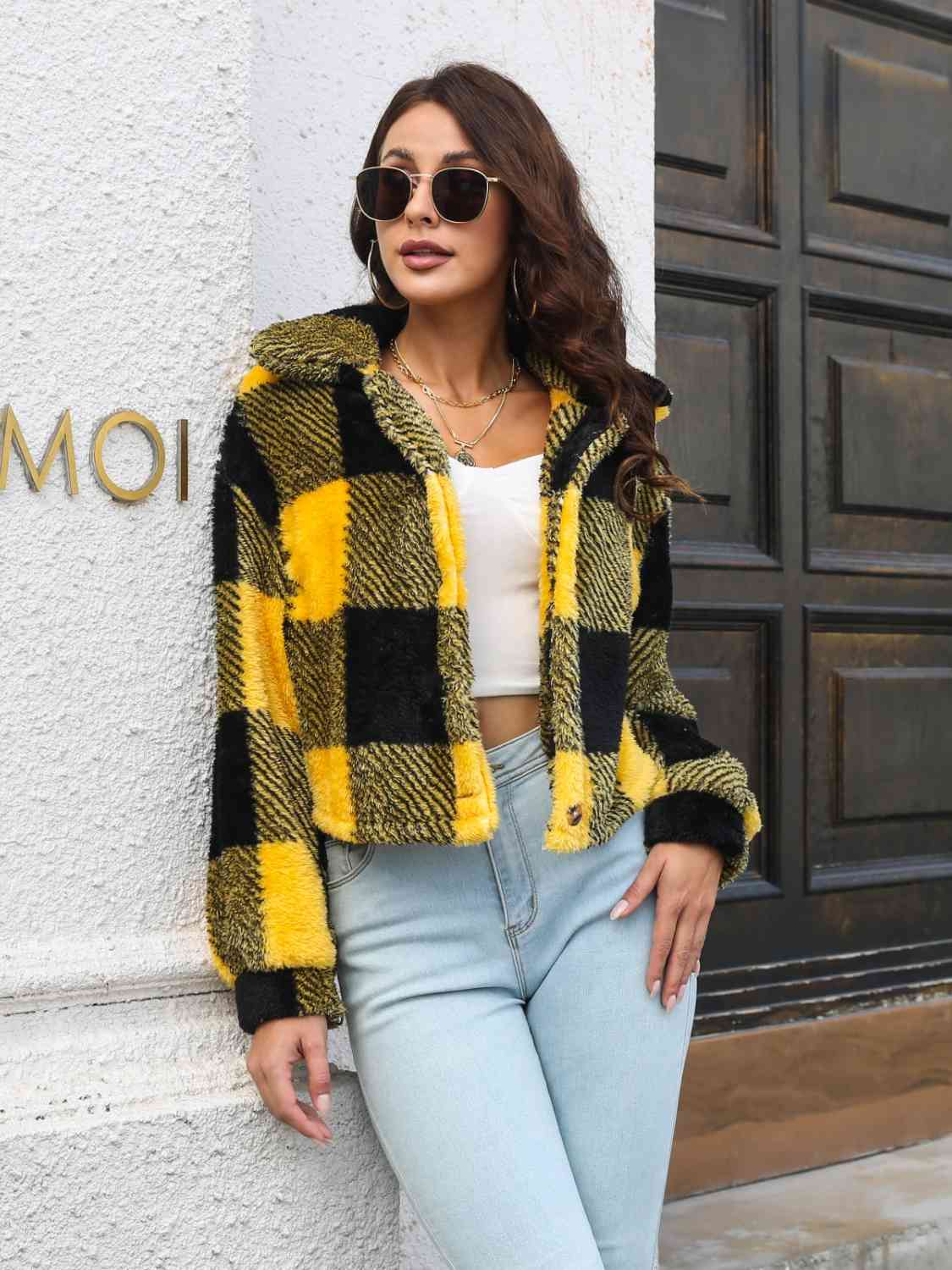 Plaid Dropped Shoulder Buttoned Jacket - T - 4 COLORS -