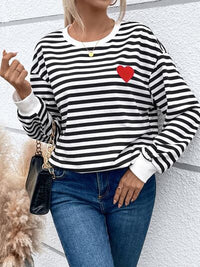 Thumbnail for Heart Patch Striped Round Neck Long Sleeve Sweatshirt - T - 1 COLOR -