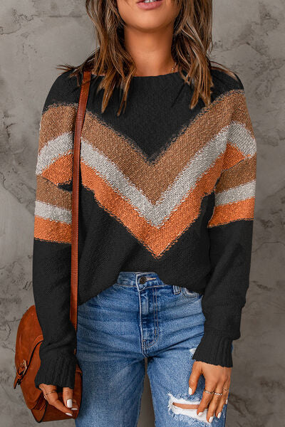 Contrast Round Neck Dropped Shoulder Sweater - T - 7 COLORS -