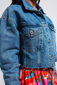 Thumbnail for Q2 - Cropped Denim Jacket With Raw Hem in Mid Wash - 1 COLOR -