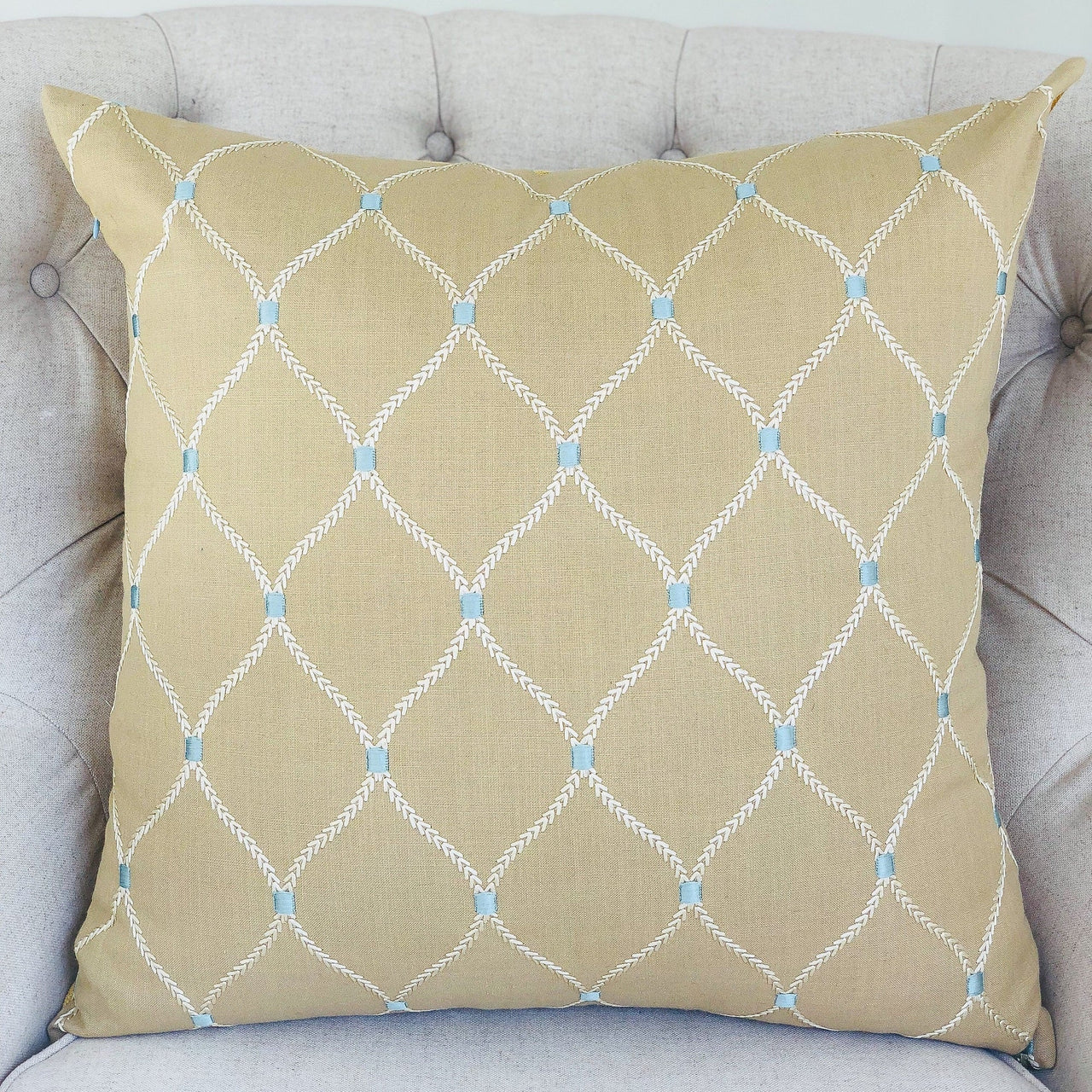 Abby Taupe White and Blue Handmade Luxury Pillow - 10 SIZES -