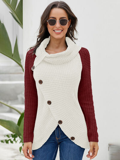 Contrast Decorative Button Turtleneck Sweater - T - 4 COLORS -