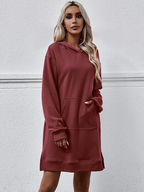 Slit Long Sleeve Hooded Dress with Pocket - T - 9 COLORS -