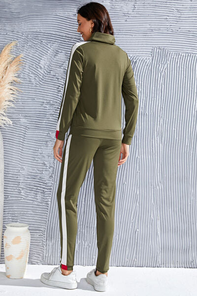 Mock Neck Long Sleeve Top and Side Stripe Pants Set - 2 PCS. - T- 1 COLOR -