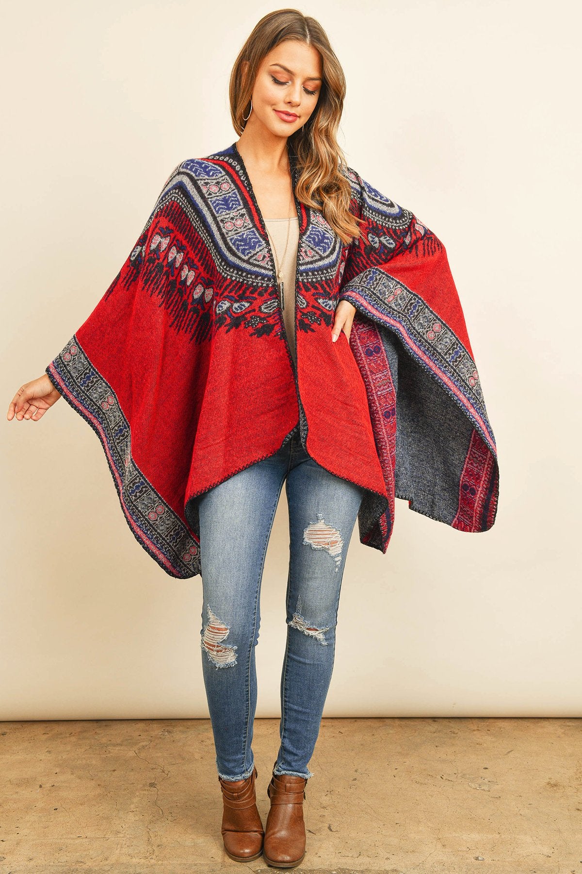 Riah Fashion - Native American Pattern Open Front Kimono - 1 COLOR -