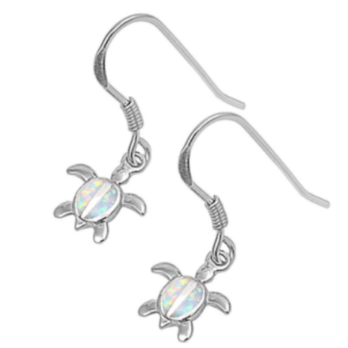 .925 Sterling Silver White Opal Turtle Dangle Earrings -