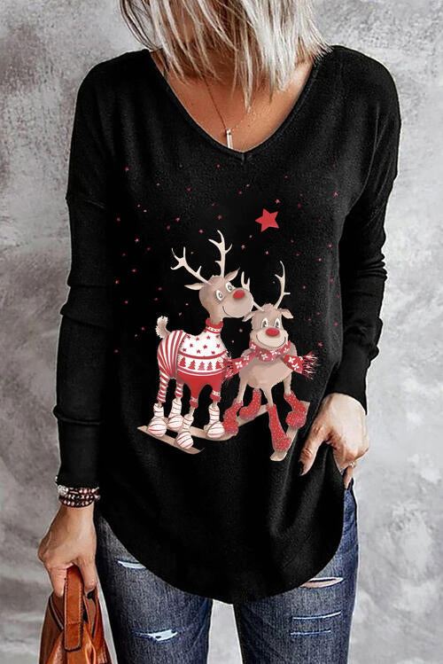 Graphic Reindeer V-Neck Long Sleeve Top - T - 1 COLOR -