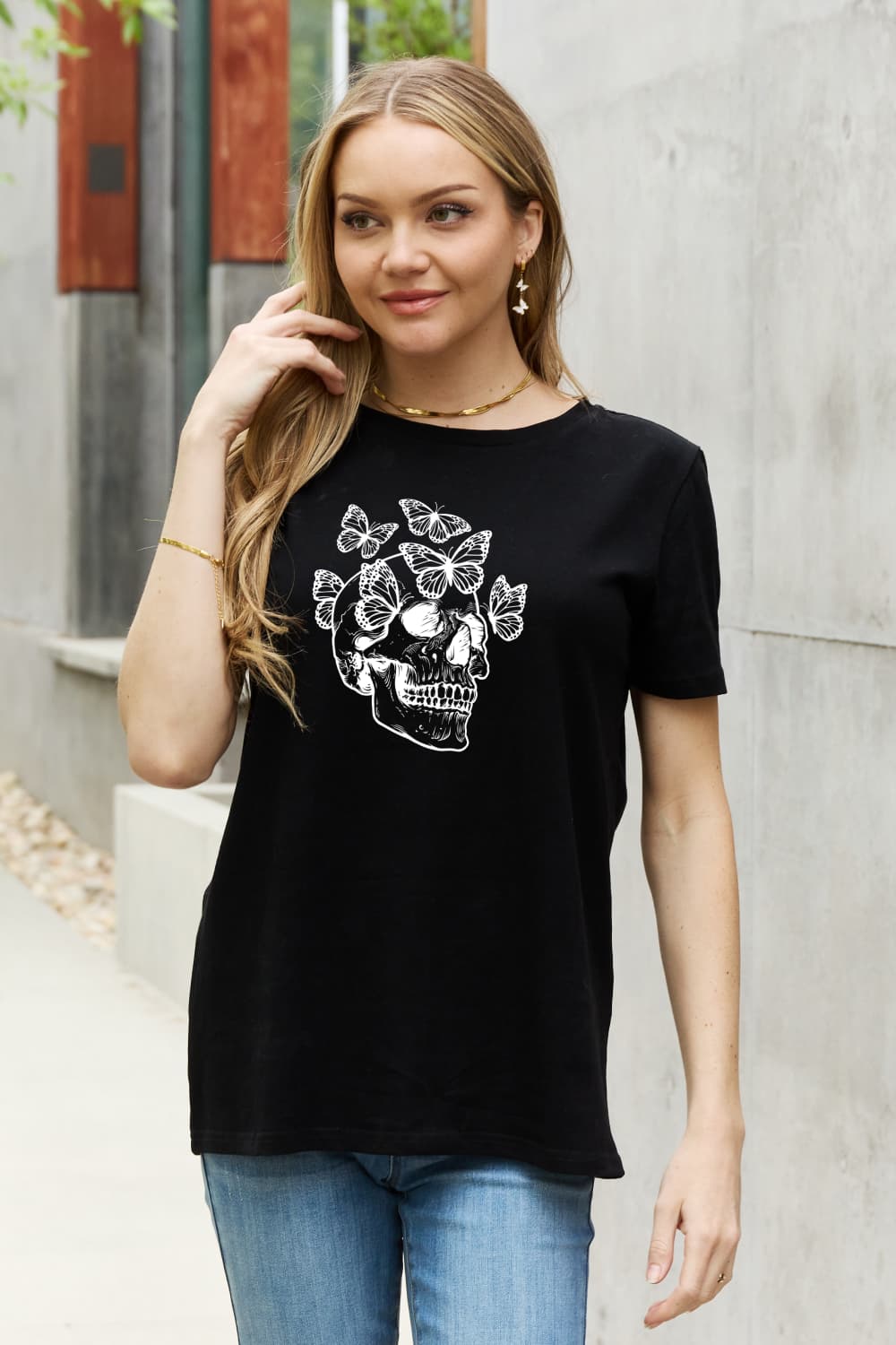 Simply Love Full Size Butterfly Skull Graphic Cotton Tee - T - 2 COLORS -