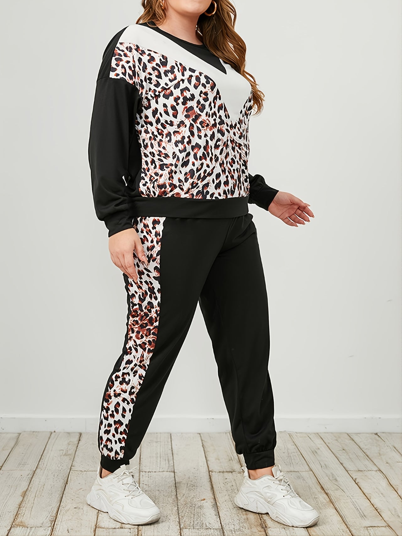 Plus Sizes only - Leopard Sweatshirt and Sweatpants Set - T - 2 PCS. - 1 COLOR -