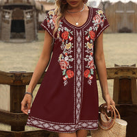 Thumbnail for Women's Vintage Floral Print Short Sleeve Casual Dress - K - 3 COLORS -