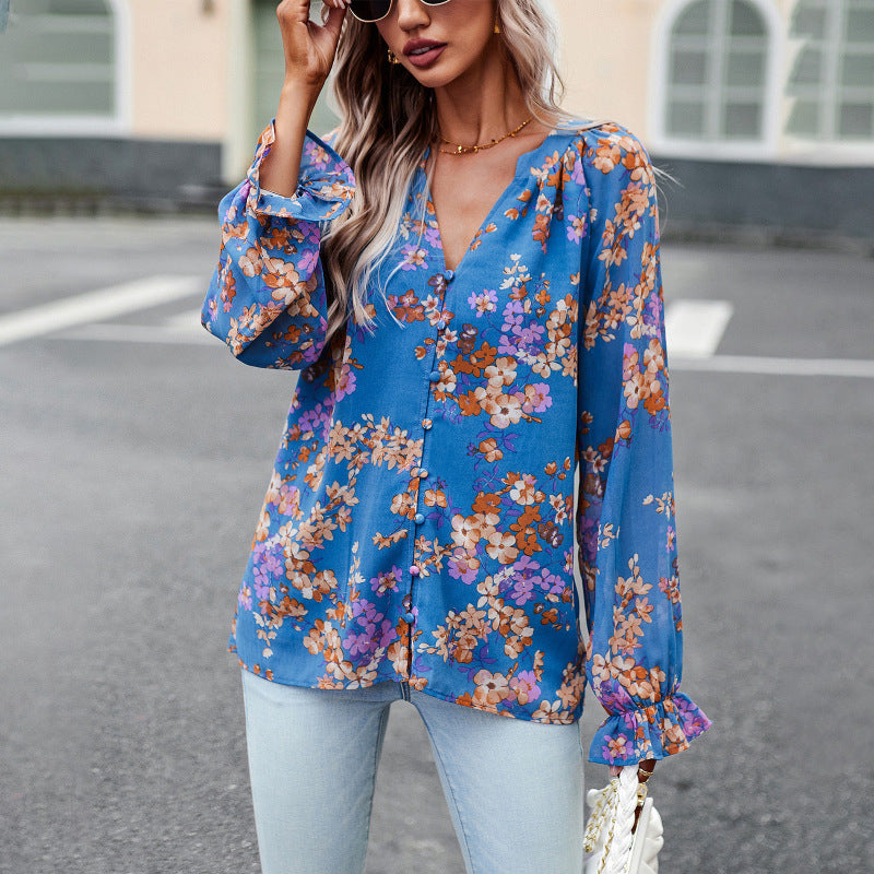 Elegant floral print shirt with V-neck buttons blouse - K - 4 COLORS -