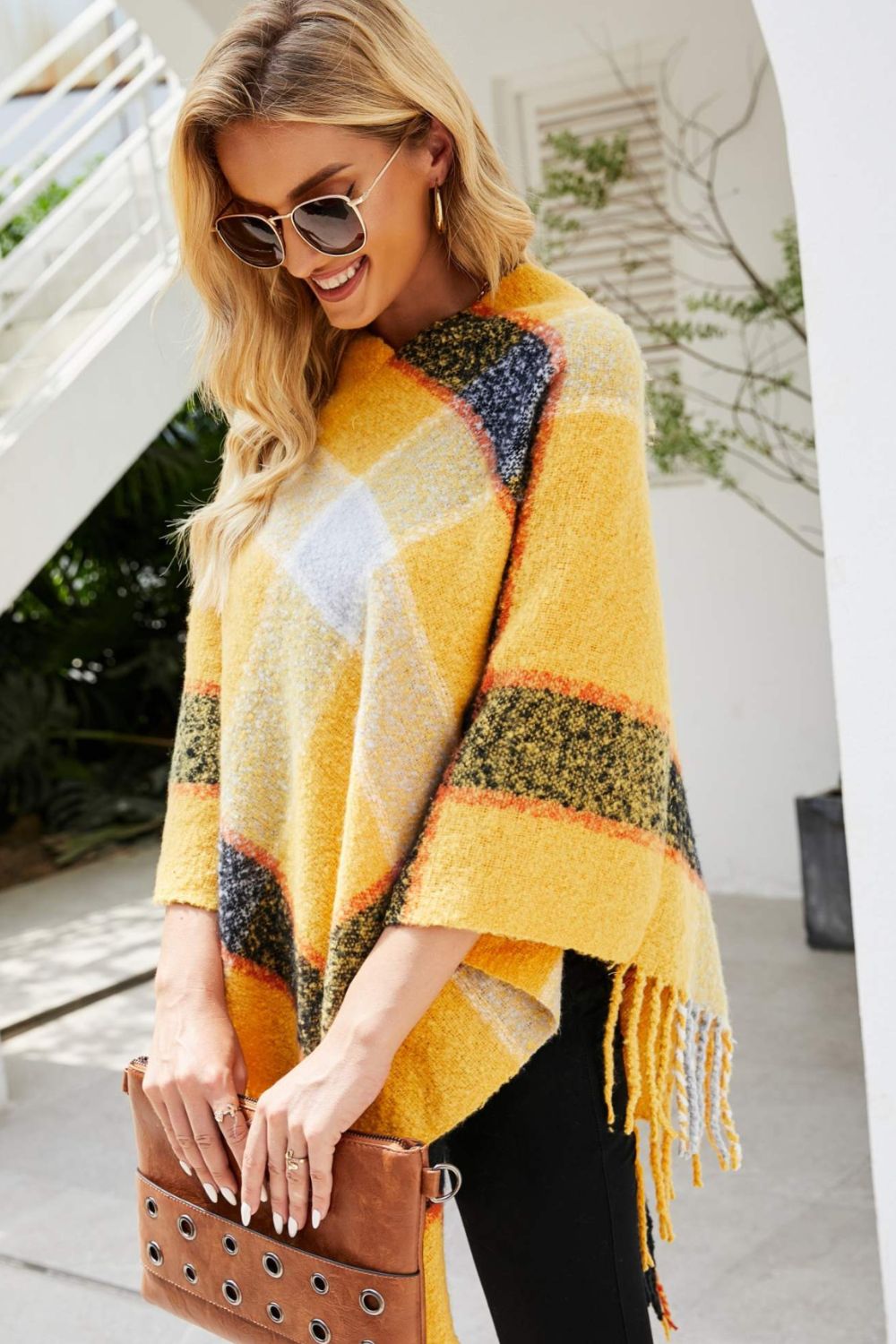 Plaid Fringe Detail Poncho - T - 7 COLORS -