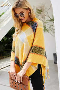 Thumbnail for Plaid Fringe Detail Poncho - T - 7 COLORS -