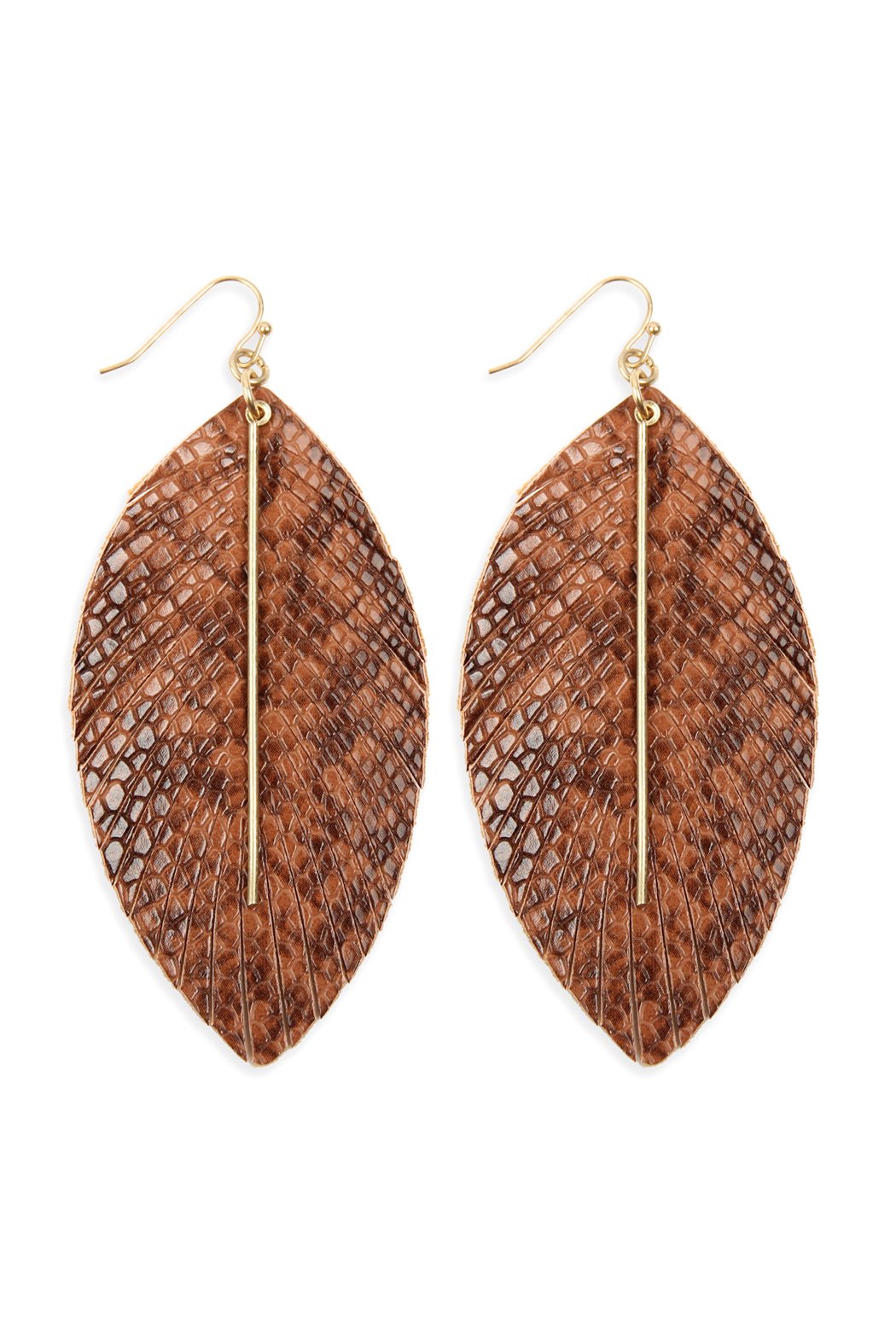 Leather Feather Snakeskin Fish Hook Bar Earrings - 5 COLORS -