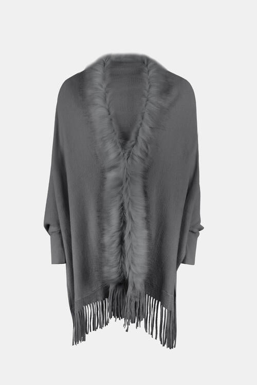 Fringe Open Front Long Sleeve Poncho - 1 SIZE - T - 6 COLORS -