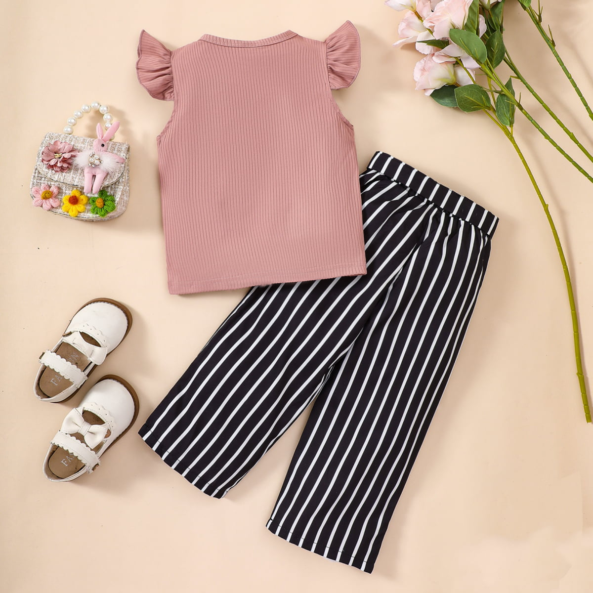 Round Neck Butterfly Sleeve Top and Striped Pants Set - 2 PCS. - T - 1 COLOR COMBO -