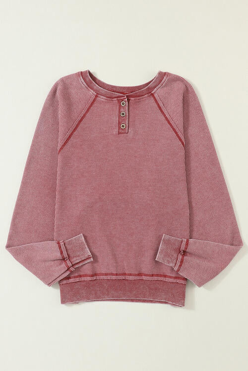 Half Button Round Neck Long Sleeve Sweatshirt - T - 2 COLORS -