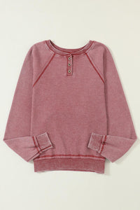 Thumbnail for Half Button Round Neck Long Sleeve Sweatshirt - T - 2 COLORS -