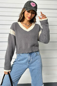 Thumbnail for Contrast Openwork Long Sleeve V-Neck Sweater - T - 1 COLOR -