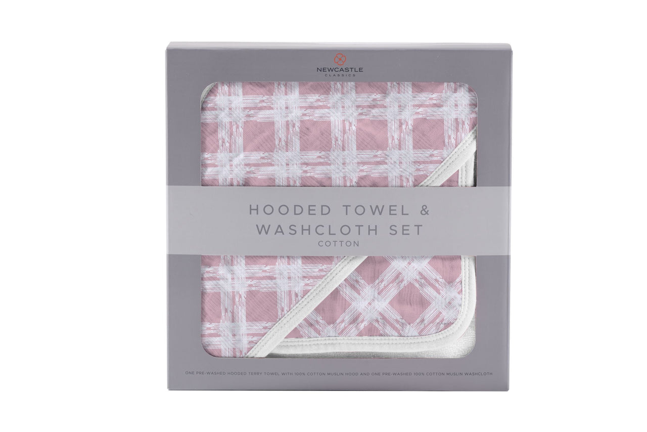 Pink Plaid Cotton Hooded Towel and Washcloth Set -