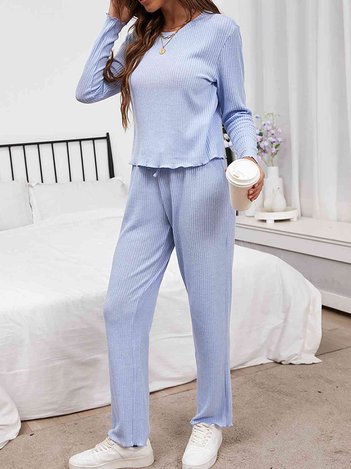 Round Neck Long Sleeve Top and Drawstring Pants Lounge Set - 2 PCS. - T - 3 COLORS -