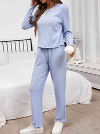 Thumbnail for Round Neck Long Sleeve Top and Drawstring Pants Lounge Set - 2 PCS. - T - 3 COLORS -