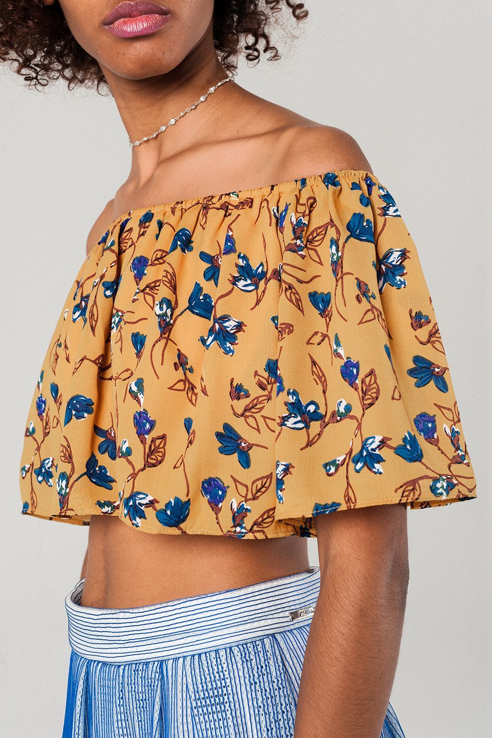 Q2 - Off Shoulder Floral Crop Top in Mustard - 1 COLOR -