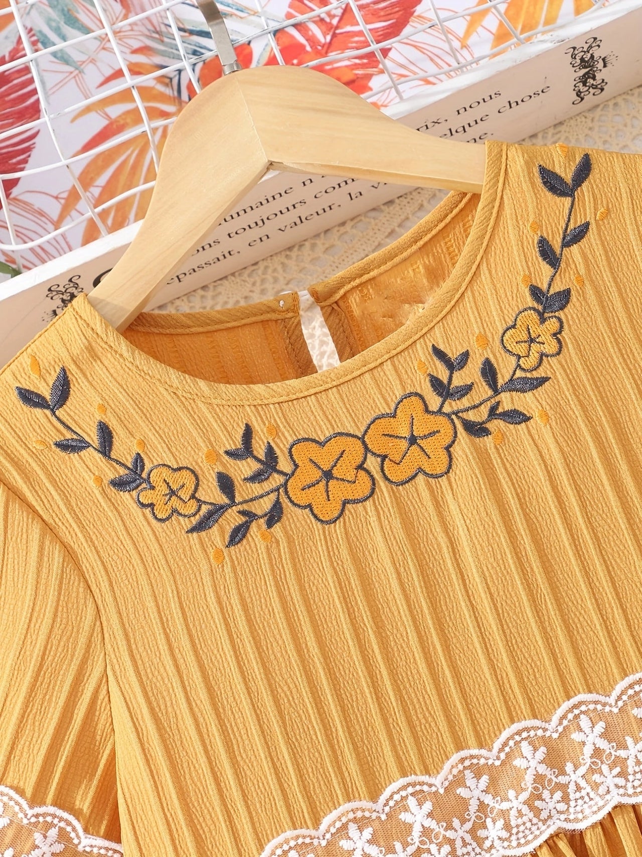 Lace Waistband Embroidery Round Neck Flounce Sleeve Dress - T - 1 COLOR -