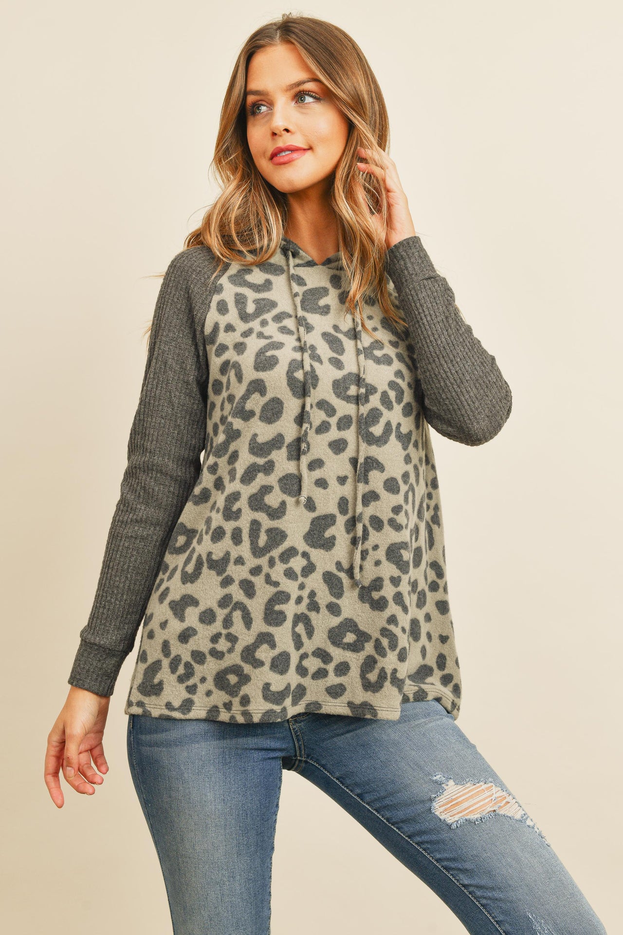 Riah Fashion - Waffle Sleeve Leopard Drawstring Hoodie - 3 COLORS -