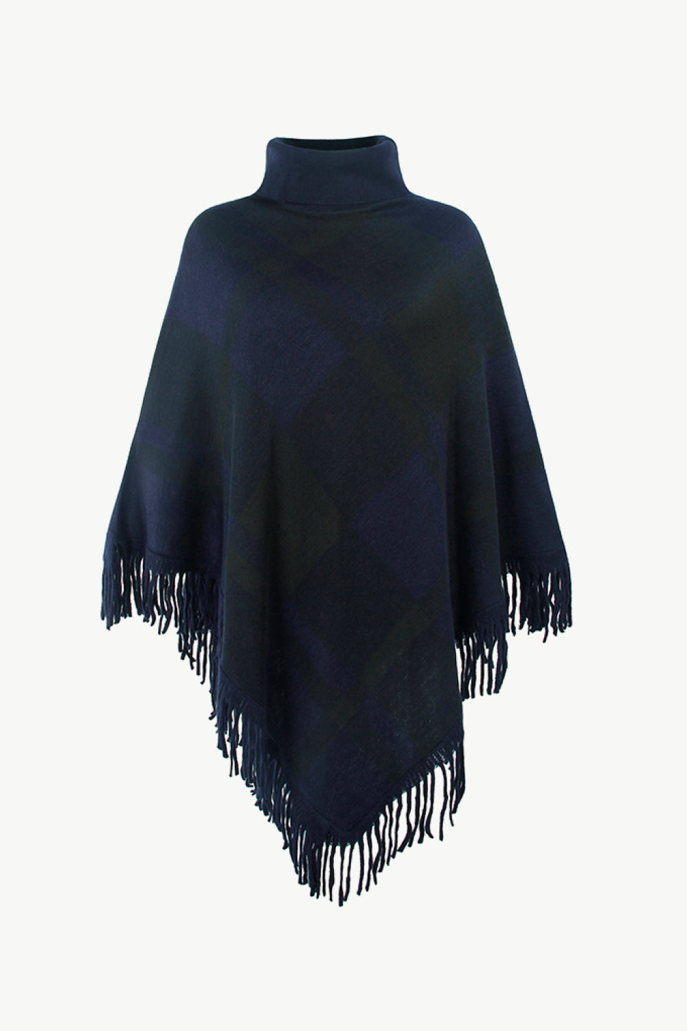 Plaid Turtleneck Fringe Hem Poncho - ONE SIZE FITS ALL - K - 5 COLORS -