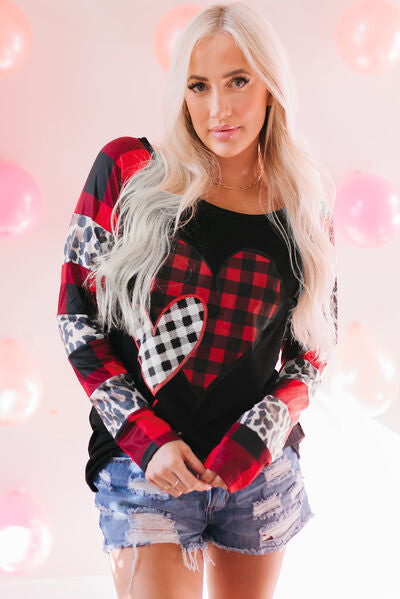 Plaid Leopard Heart Round Neck T-Shirt - T - 1 COLOR -