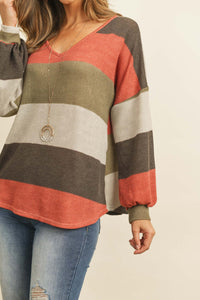 Thumbnail for Riah Fashion - Rib Multicolor Stripes V-Neck Puff Sleeves Top - 3 COLORS -