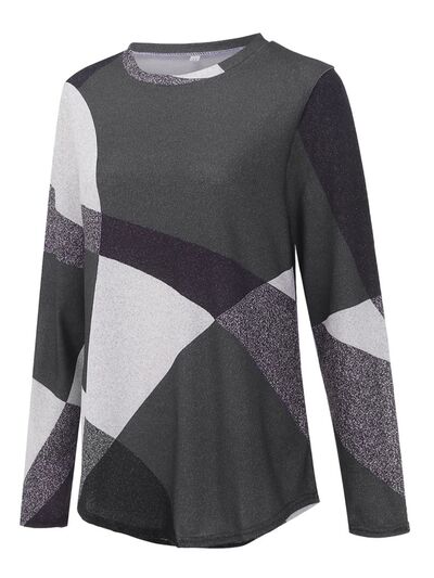 Geometric Round Neck Long Sleeve T-Shirt - T - 5 COLORS -