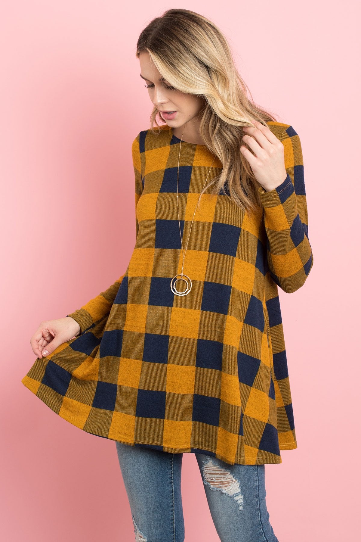 Riah Fashion - Plaid Long Sleeves A-Line Top - 4 COLORS -