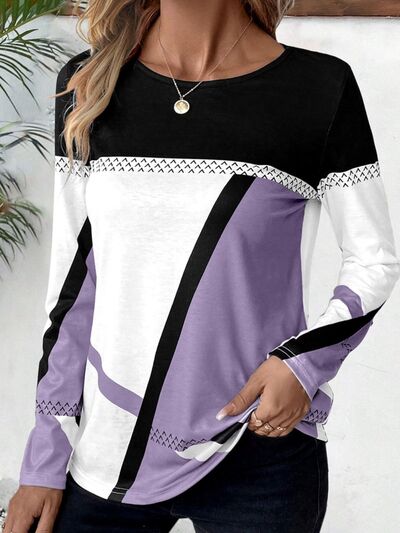 Contrast Round Neck Long Sleeve T-Shirt - T - 4 COLORS -