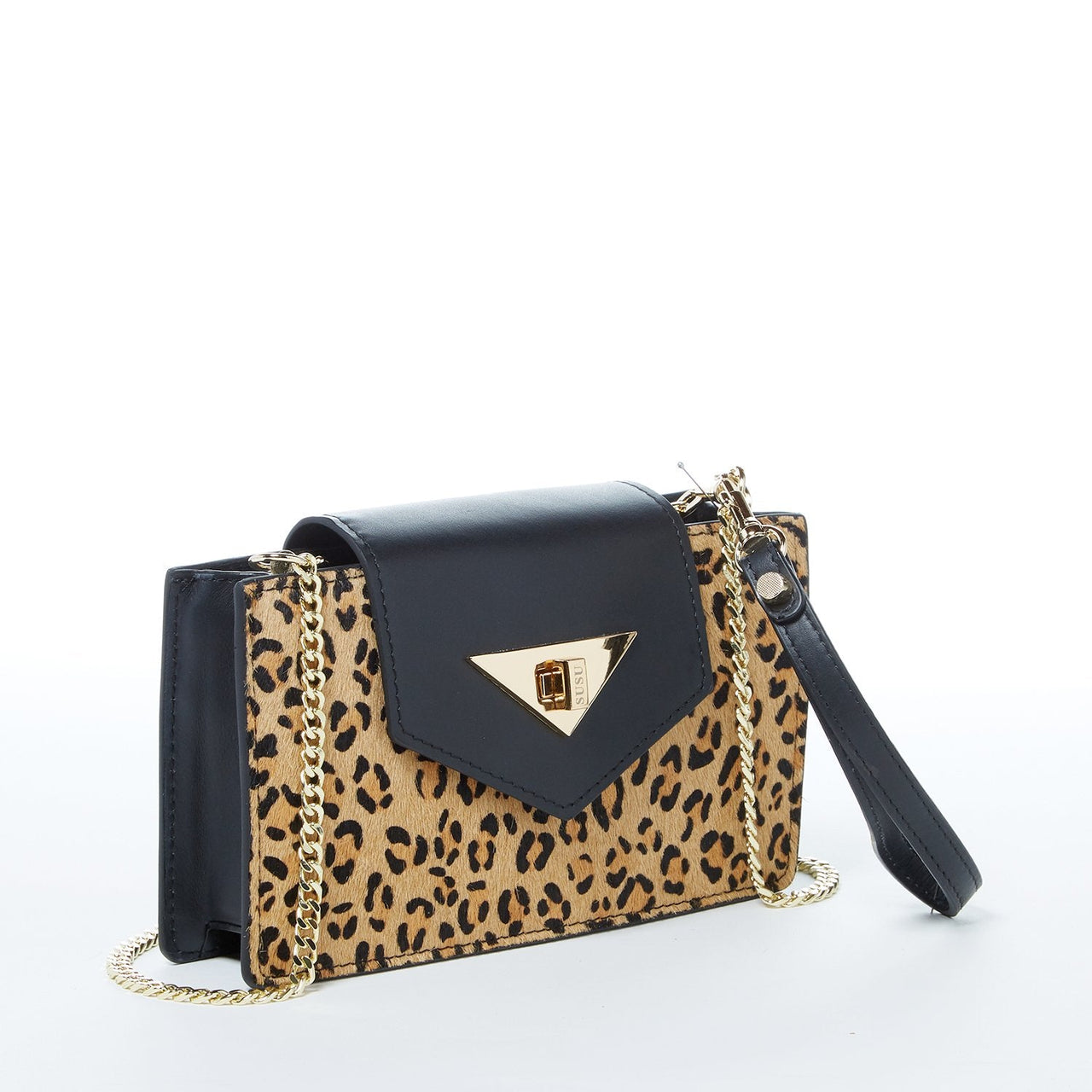 Mary Mini Crossbody Bag Black Leopard Leather Wristlet -