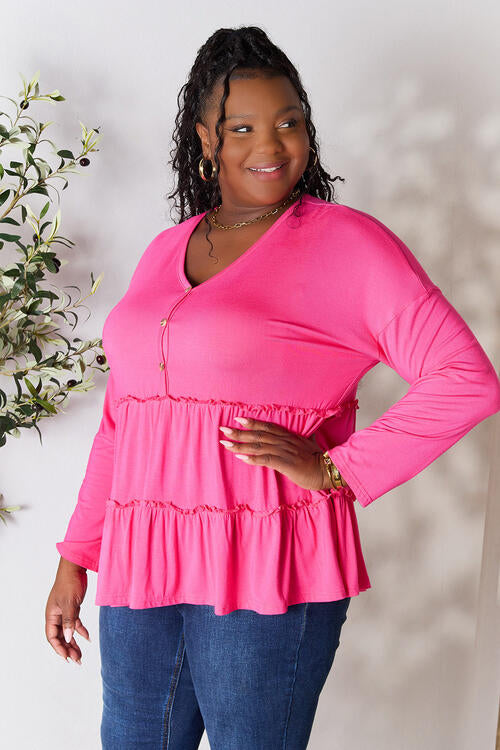 Double Take Half Button Long Sleeve Ruffle Hem Blouse - SIZES S THRU 3XL - T - 7 COLORS -