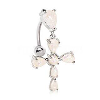 316L Stainless Steel White Synthetic Opal Cross Top Down Navel Ring -