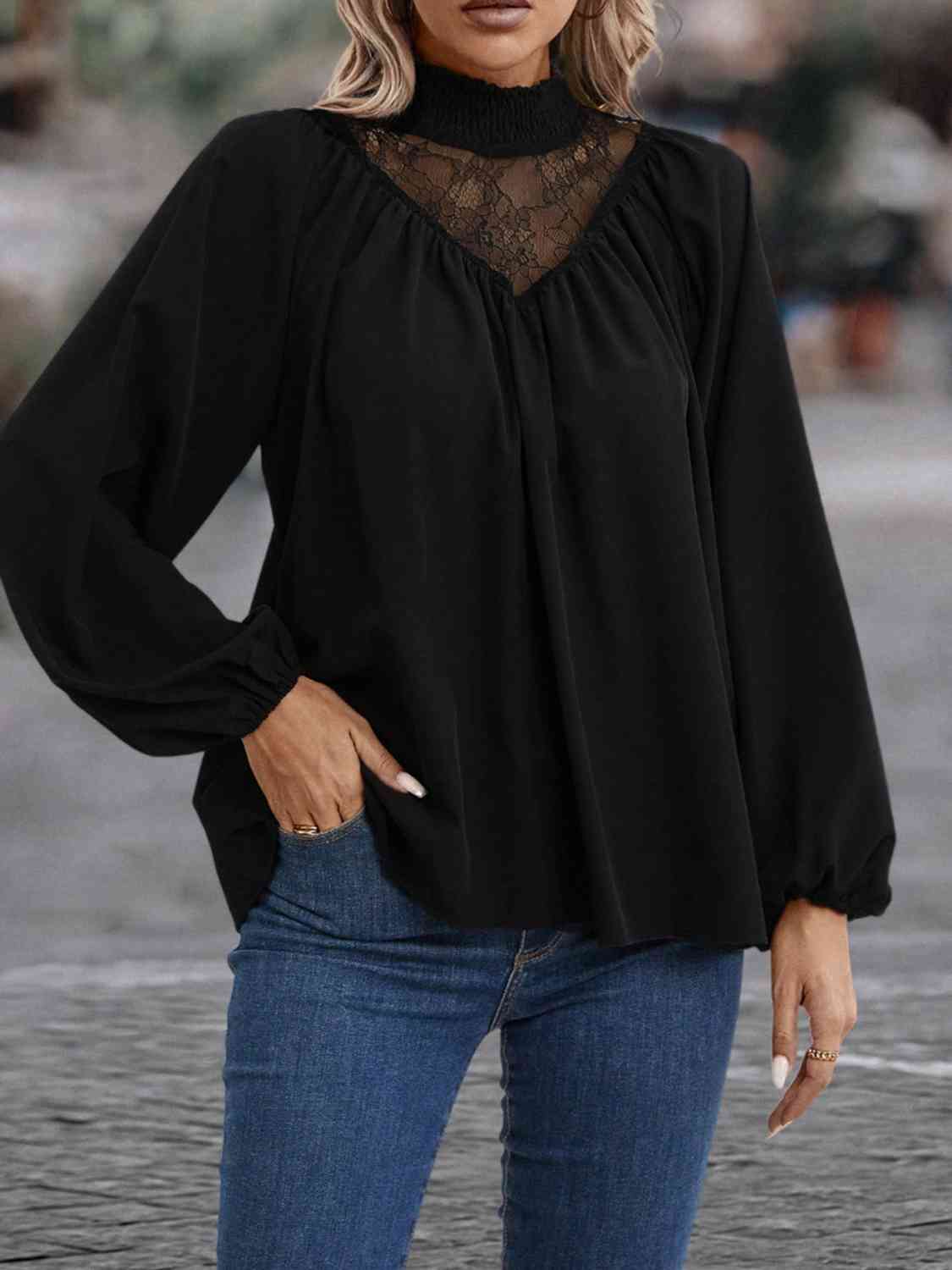 Lace Detail Mock Neck Top - T - 1 COLOR -