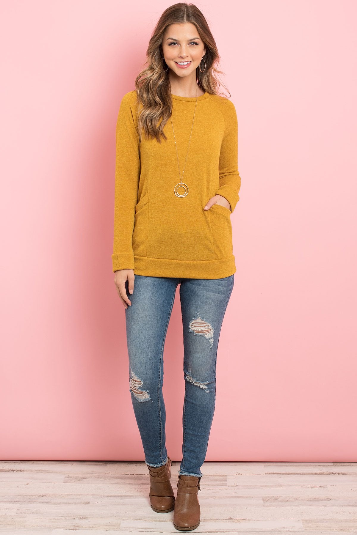 Riah Fashion - Knit Front Pocket Long Sleeved Top - 2 COLORS -